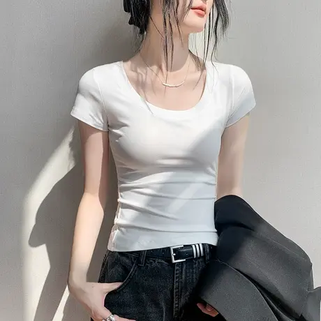 修身圆领短袖上衣女2025春夏新款莱赛尔显瘦正肩T恤内搭打底衫女商品大图