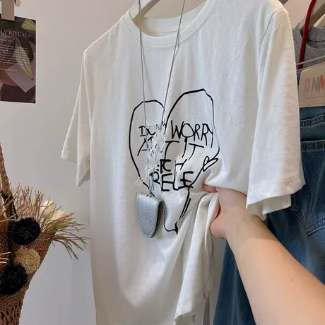 慵懒少女感！立体蕾丝蝴蝶结 超舒适爱心字母圆领宽松短袖T恤女夏商品大图