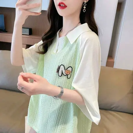 翻领polo衫短袖t恤女2024新款夏季韩版宽松大码撞色假两件上衣服图片