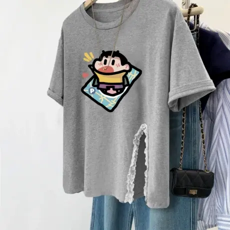 oversize开叉可爱短袖T恤女2025夏季休闲宽松百搭chic半袖上衣服商品大图