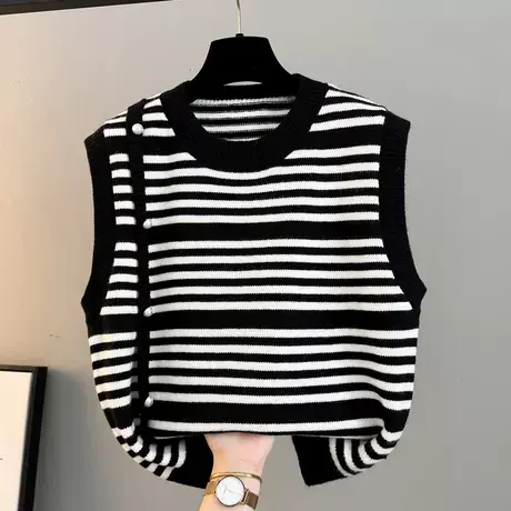 圆领复古条纹撞色无袖针织马甲女秋冬新款百搭叠穿坎肩毛衣马夹潮商品大图