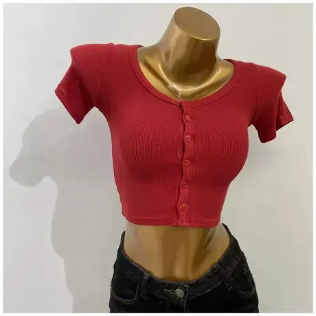 甜辣风～紧身短袖T恤女时髦小开衫2021韩国圆领高腰气质打底衫潮商品大图