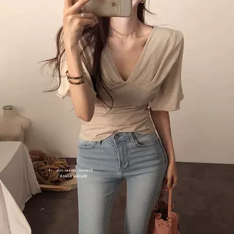 喇叭袖女人味低胸性感V领褶皱T恤女短袖五分半袖裸色上衣女修身潮商品大图
