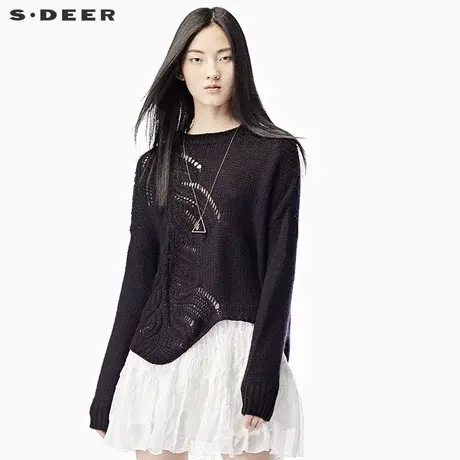 sdeer圣迪奥2018秋装古典镂空印花粗针不规则针织毛衣女S17383525图片
