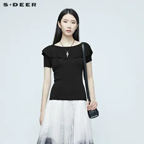 sdeer圣迪奥夏季圆领拼接黑色短袖基础针织衫女S20283502图片