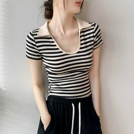 翻领条纹短袖T恤女2025春季新款纯棉独特别致小上衣高级感打底衫商品大图