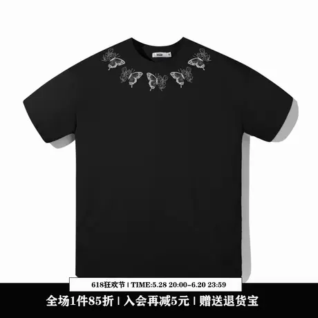 Ohlyah设计师原创卡通品牌领口灰色蝴蝶玫瑰拼接纯棉短袖T恤男女图片