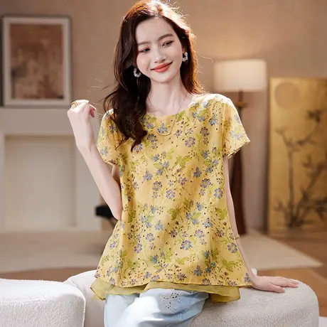 宝诗黎【新品价168元】圆领刺绣印花短袖衬衫CCB2050商品大图