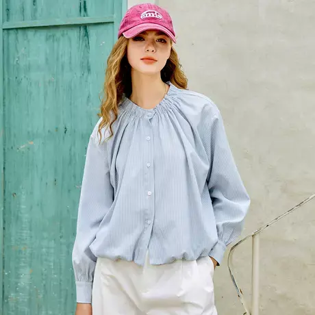 a02圆领格纹设计小清新长袖衬衫2025春季薄款显高休闲女式外套商品大图