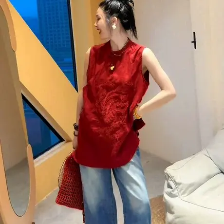 唐装中国风女装年轻款无袖上衣女夏季新中式气质复古红色刺绣马甲商品大图