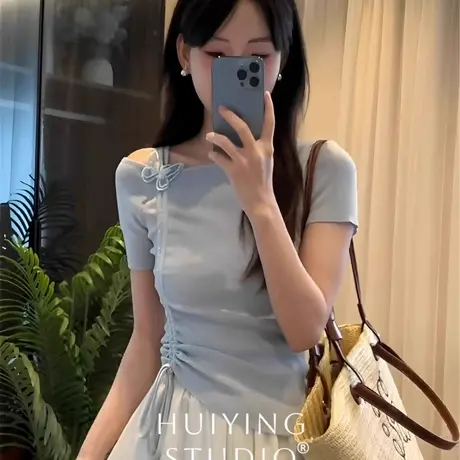 蝴蝶结针织衫短袖T恤女夏季设计感小众独特漂亮掐腰短款斜肩上衣图片
