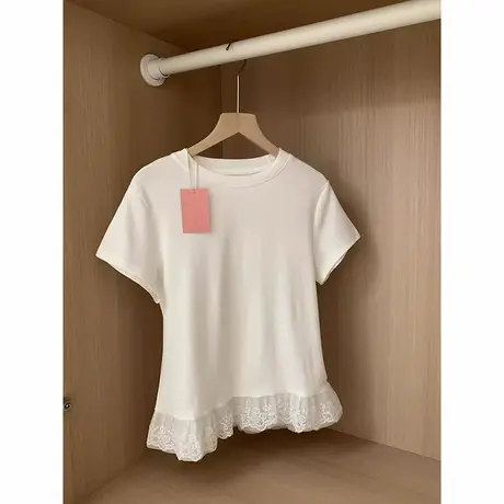 蕾丝花边拼接下摆短袖T恤女夏季修身韩版打底衫芭蕾风半袖上衣潮商品大图