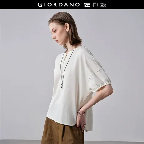 设计师款佐丹奴宽松T恤女圆领半开襟后幅收褶灯笼短袖t恤18325102图片