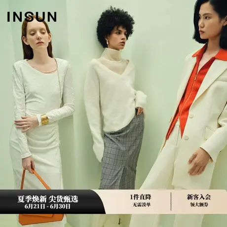 INSUN恩裳秋季丝毛混纺白色阔腿直筒裤商品大图
