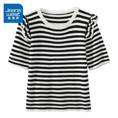 KF真维斯女装2025夏季新款条纹上衣设计感小众荷叶边针织半袖图片