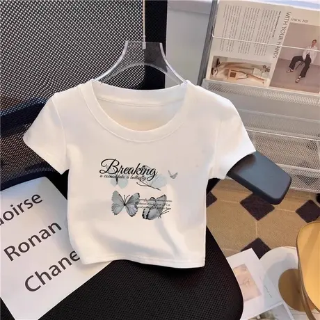 白色夏季短款t恤女2025新款百搭修身露脐打底衫甜美小个子上衣潮商品大图