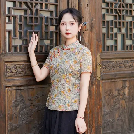 筠雅夏季新款复古改良中式唐装上衣国风年轻款斜襟短袖上衣25J275商品大图