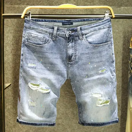 潮流破洞牛仔短裤男夏季薄款弹力大码五分裤个性水洗泼墨帅气马裤图片