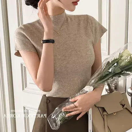 现货！韩国东大门经典款半高领纯色套头女士短袖T恤13548图片