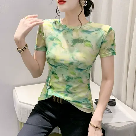复古印花短袖T恤女2024夏季新款性感网纱圆领小衫修身气质上衣ins商品大图