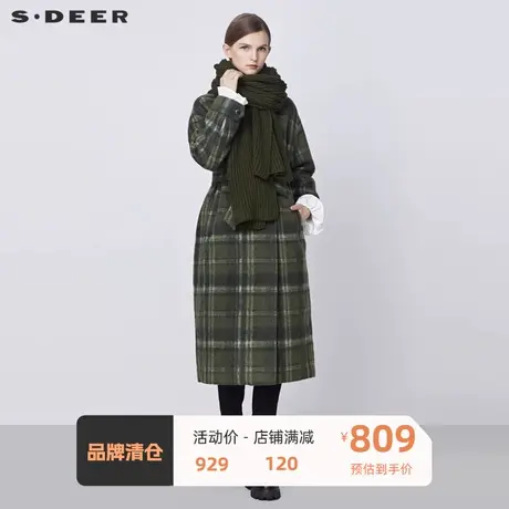 sdeer圣迪奥女装高领格纹收腰围巾两件毛呢大衣S21481807🍄商品大图