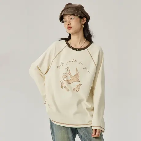 omont蛋挞家 复古撞色拼接长袖T恤春季圆领宽松显瘦休闲印花上衣商品大图