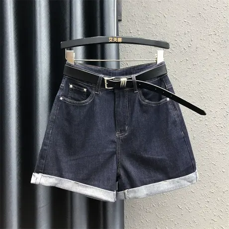 韩国蓝色复古高腰牛仔短裤女士夏季新款翻边设计显瘦休闲A字热裤商品大图