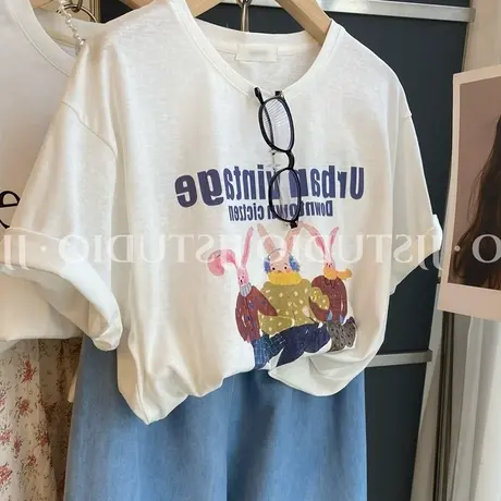 减龄卡通印花白色正肩t恤短袖女夏季凉感雪花棉宽松体恤别致上衣商品大图