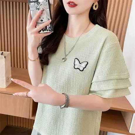 荷叶袖短袖t恤女2025新款夏季韩版宽松大码女装设计感小众上衣服商品大图