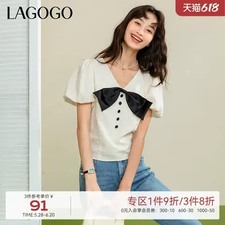 LAGOGOV领蝴蝶结甜美气质法式上衣女拉谷谷春夏新款撞色百搭短袖商品大图