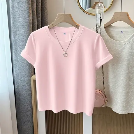 NOB真维斯粉色纯棉短袖t恤女2025新款夏季小个子正肩短款半袖上衣商品大图