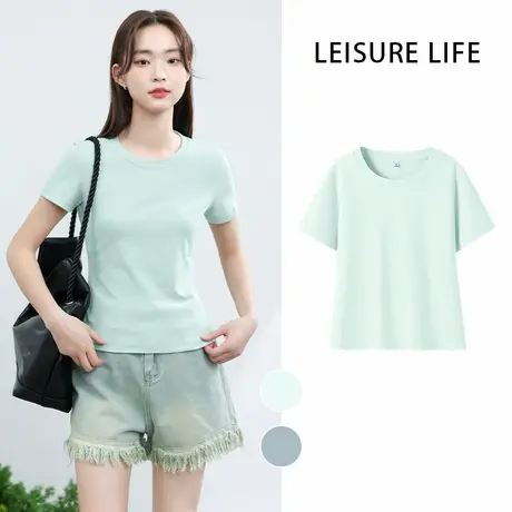 KMV真维斯圆领紧身短袖t恤女夏季新款修身显瘦多巴胺内搭美式上衣商品大图