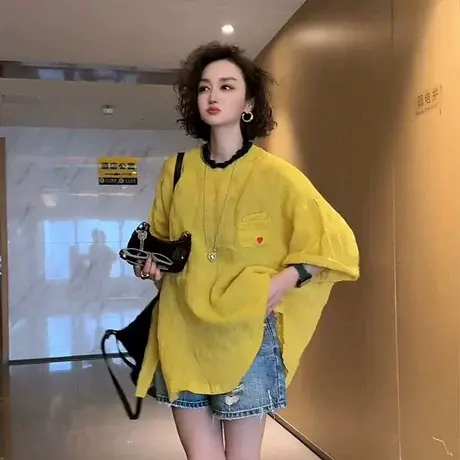 欧洲站2025夏季新款慵懒风百搭遮肉中长款薄款T恤休闲风宽松上衣图片