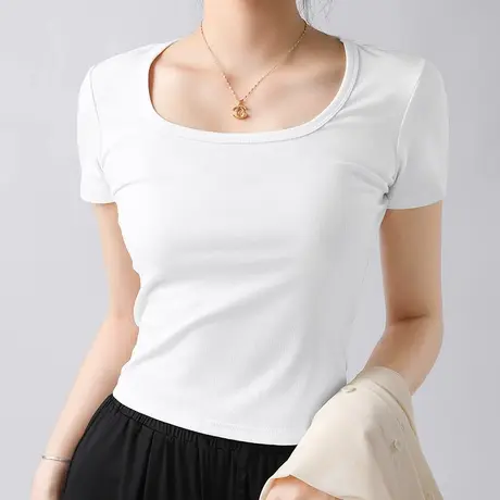KV真维斯白色方领短袖女t恤夏2025新款 小个子修身短款内搭打底衫商品大图