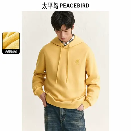 太平鸟男装连帽舒锦绒加绒卫衣24冬季新款背后图案情侣休闲上衣图片