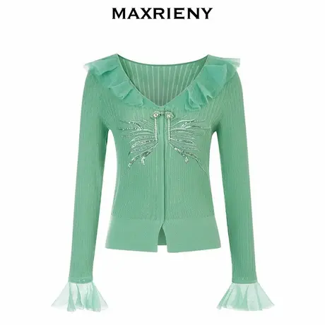 【奥莱】MAXRIENY锦鲤刺绣荷叶边v领毛织开衫上衣商品大图