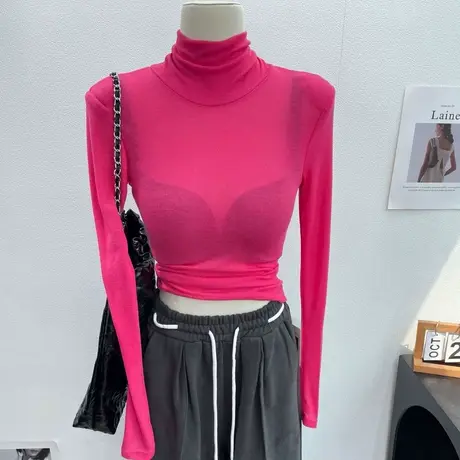 显白~软软糯糯 薄款微透垫肩长袖T恤女修身短款堆堆领打底衫秋冬图片