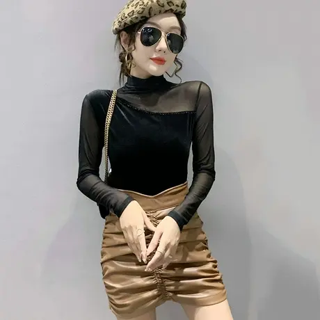 半高领打底衫女秋冬新款时尚钉珠长袖T恤网纱拼接丝绒内搭上衣潮图片