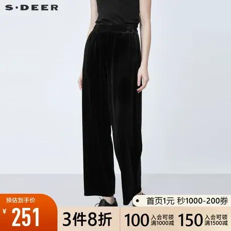 sdeer圣迪奥2021秋冬新款复古松紧拼接丝绒直筒黑色长裤S21480811图片