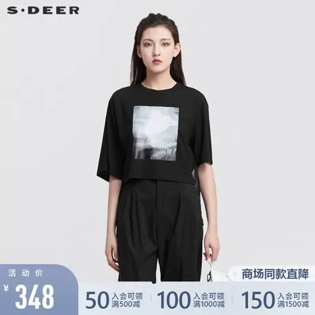 sdeer圣迪奥女2022夏装新品圆领雪纺拼接不规则短袖T恤S22280141图片