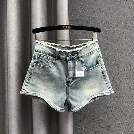 韩版阔腿裤女2025春夏新款浅蓝色设计感气质高腰显瘦百搭牛仔短裤商品大图