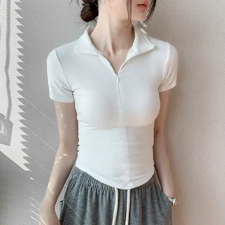 拉链翻领短袖T恤女2025春季新款辣妹正肩修身显瘦纯色百搭打底衫商品大图