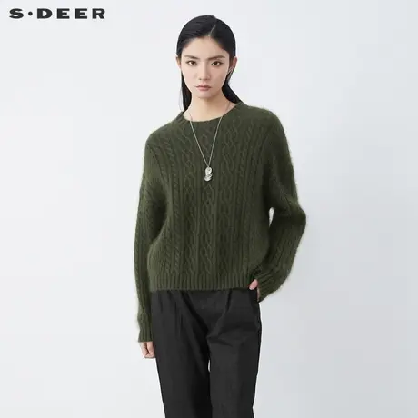 sdeer圣迪奥女装复古罗纹圆领钩花落肩袖针织衫S21463553图片