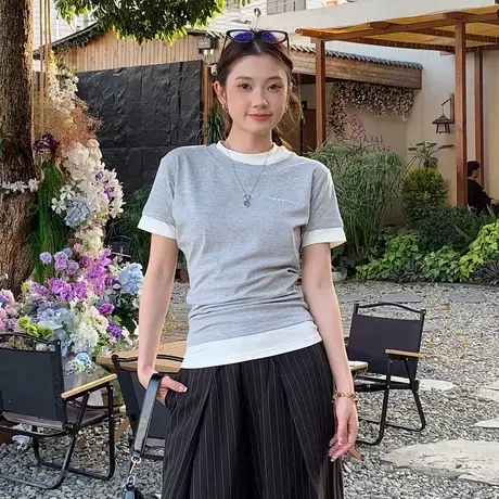 尔给尔给尔给尔给尔给甜酷辣妹假两件修身短袖T恤女时尚上衣商品大图