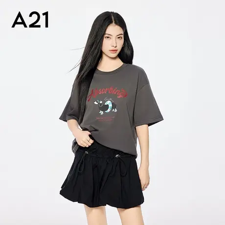 A21女装宽松显瘦圆领中长款T恤简约印花字母短袖上衣百搭韩版图片