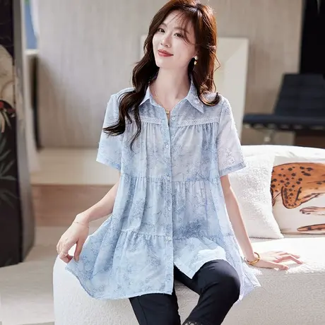 宝诗黎蕾丝镂空拼接提花衬衫2025夏季宽松气质休闲百搭短袖衬衣女商品大图
