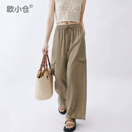 欧小仓 夏芝士 松紧腰垂坠阔腿裤冰爽顺滑天丝束口多口袋工装裤商品大图