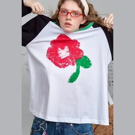 a02个性印花撞色拼接上衣2025春季宽松休闲百搭女式T恤图片