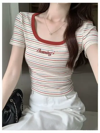 设计感小众插肩条纹拼接纯棉短袖T恤女夏辣妹短款修身显瘦上衣服商品大图