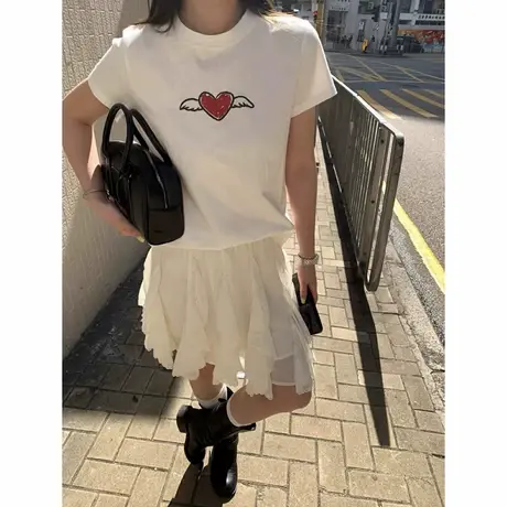 韩国2025夏季新款女爱心短袖T恤女修身显瘦短款百搭辣妹纯欲上衣商品大图